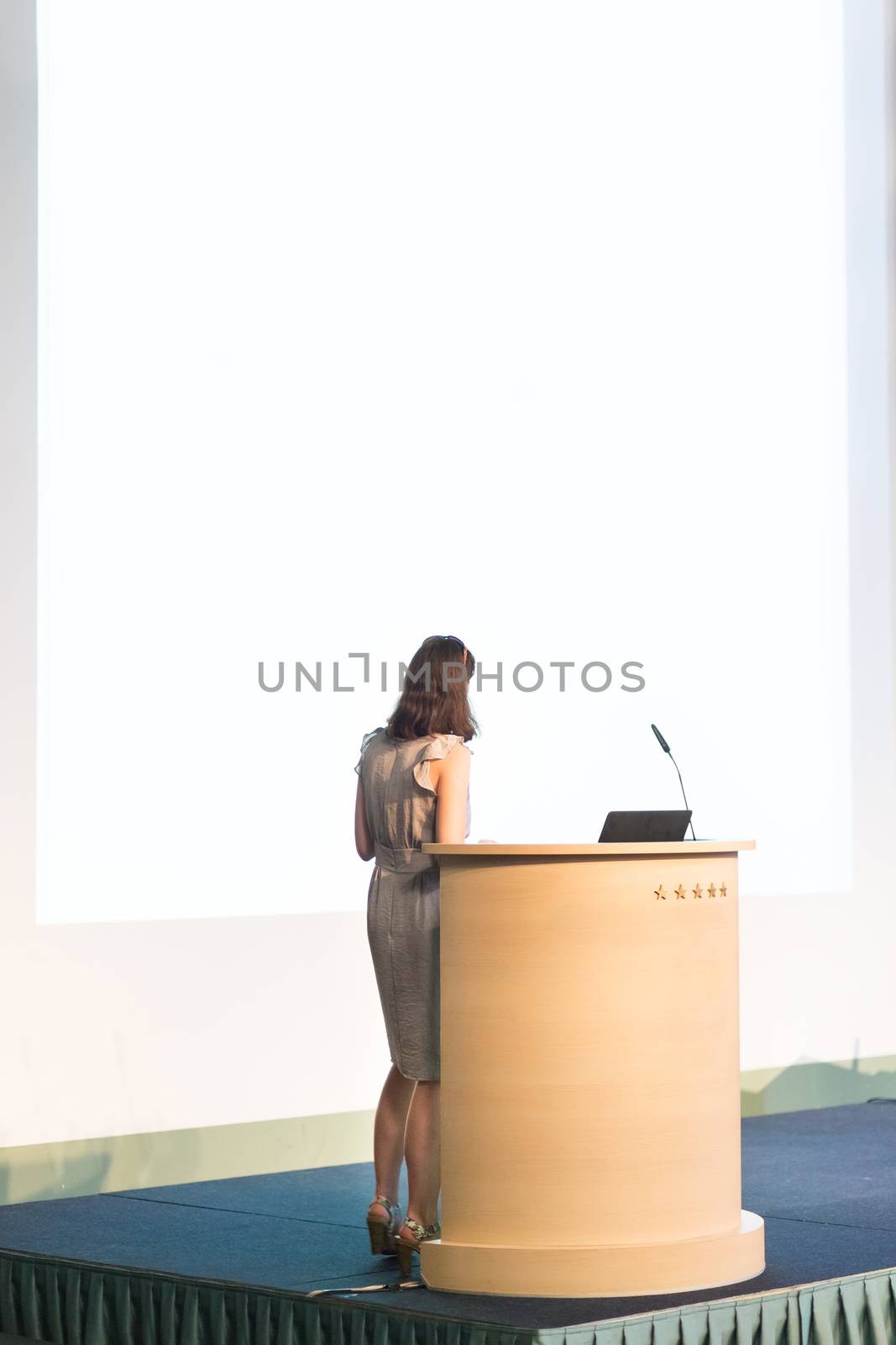 Business woman making business presentation. Female speaker giving a talk at  business conference . Business and Entrepreneurship concept. Brand copy space on white screen.