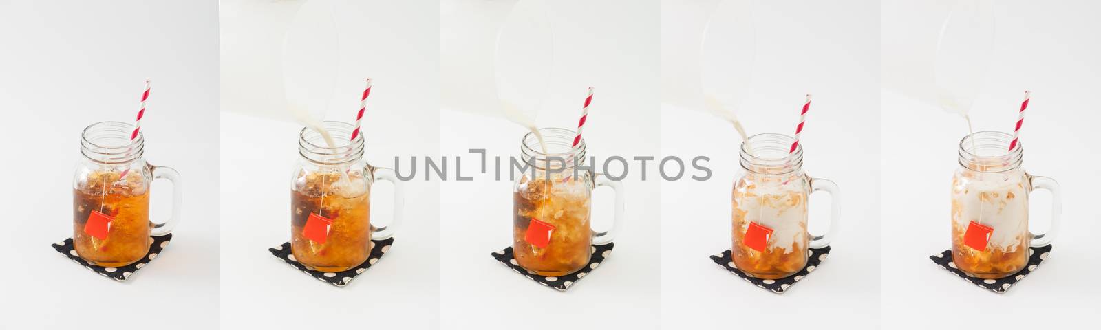Iced earl grey milk tea picture collage show while pouring milk into tea glass