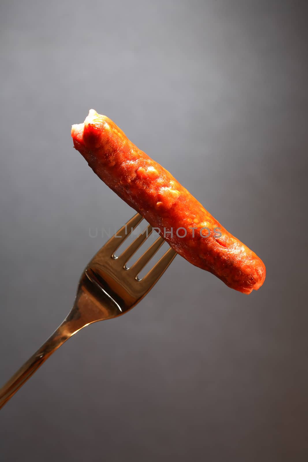 Fast food. Closeup of hot grilled sausage against nice dark background