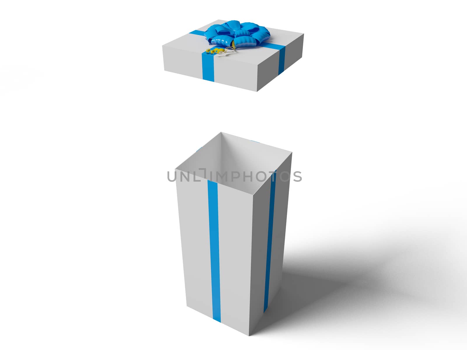 Open White gift box with blue ribbon bow by teerawit