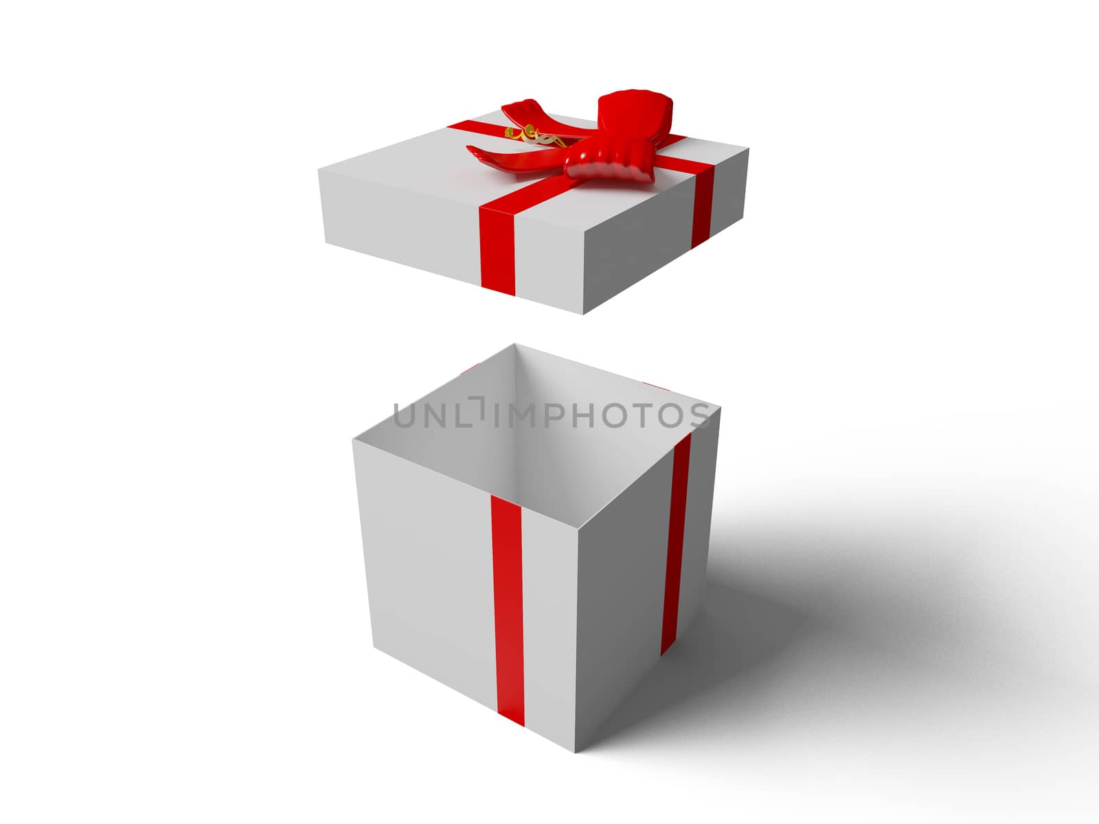 Open White gift box with red ribbon bow, isolated on white