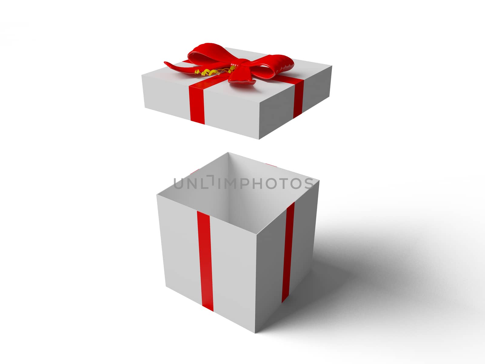 Open White gift box with red ribbon bow, isolated on white