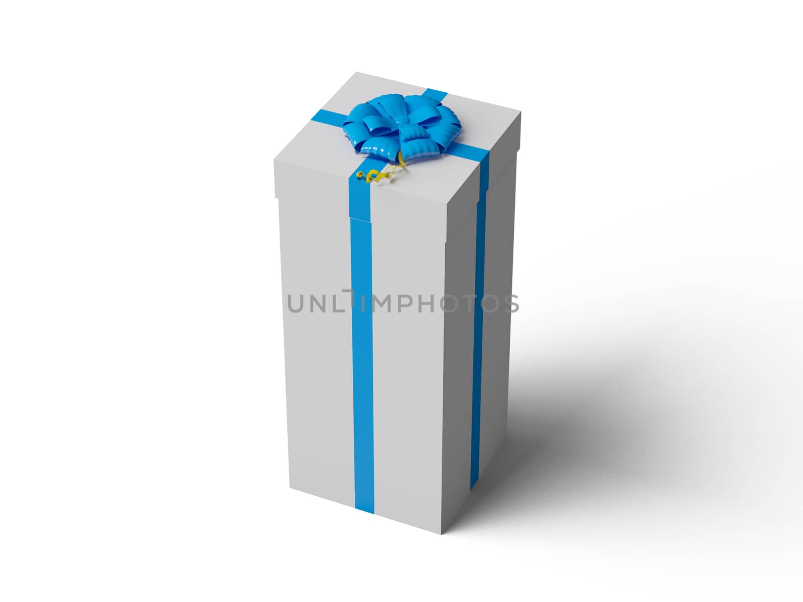 White gift box with blue ribbon bow, isolated on white