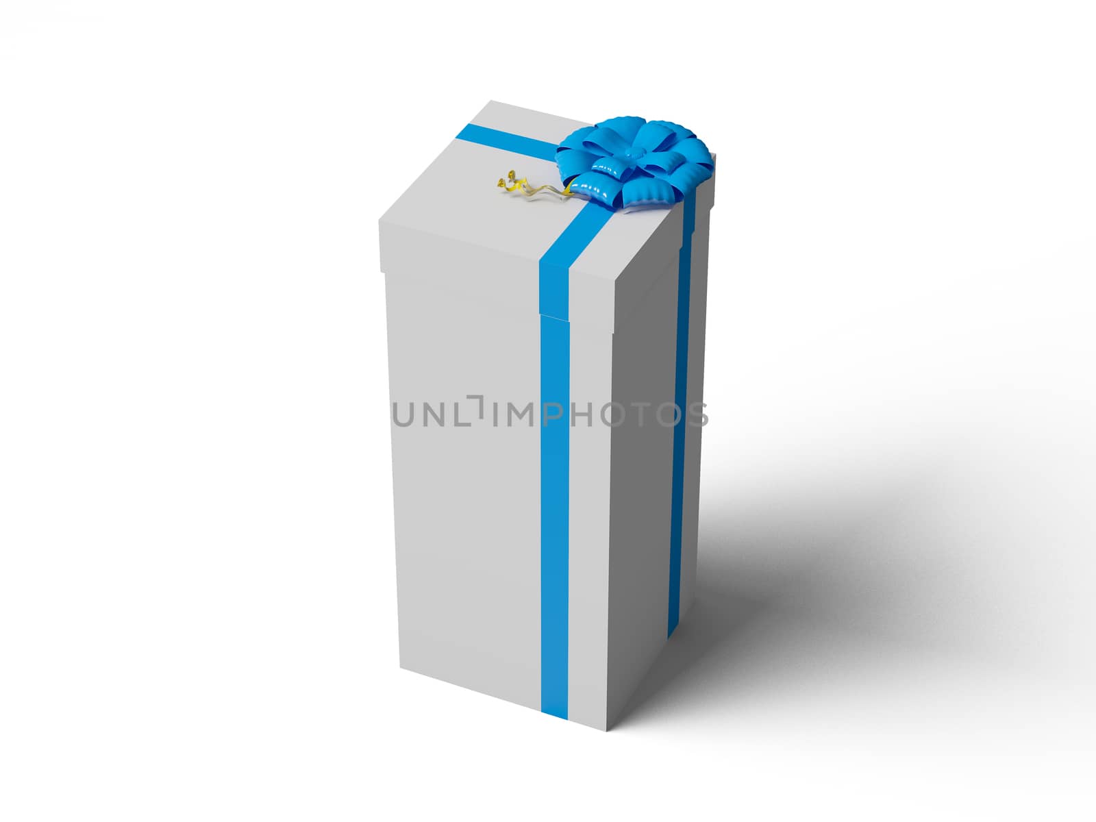 White gift box with blue ribbon bow, isolated on white