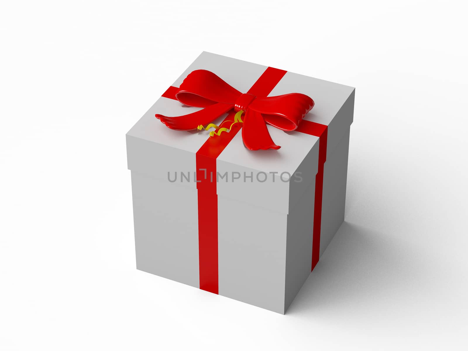 White gift box with red ribbon bow, isolated on white