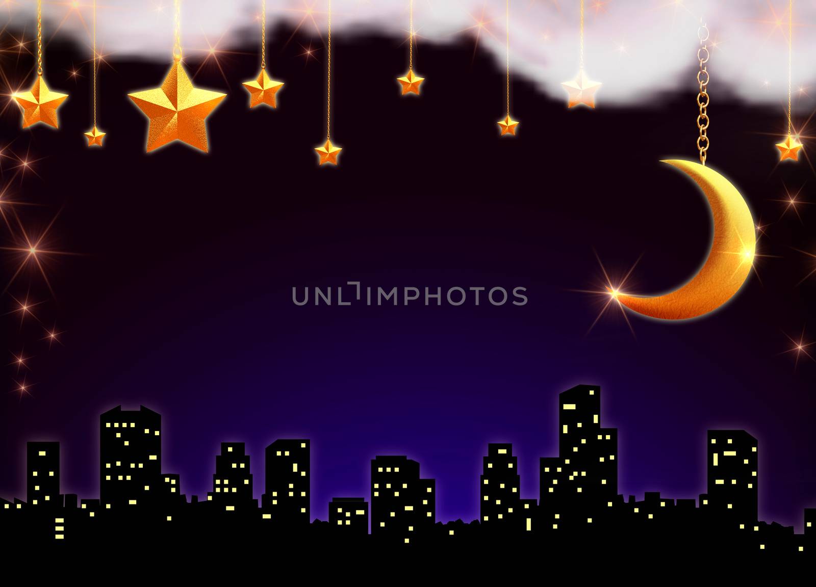 skyscape with stars and moon over silhouette of the town