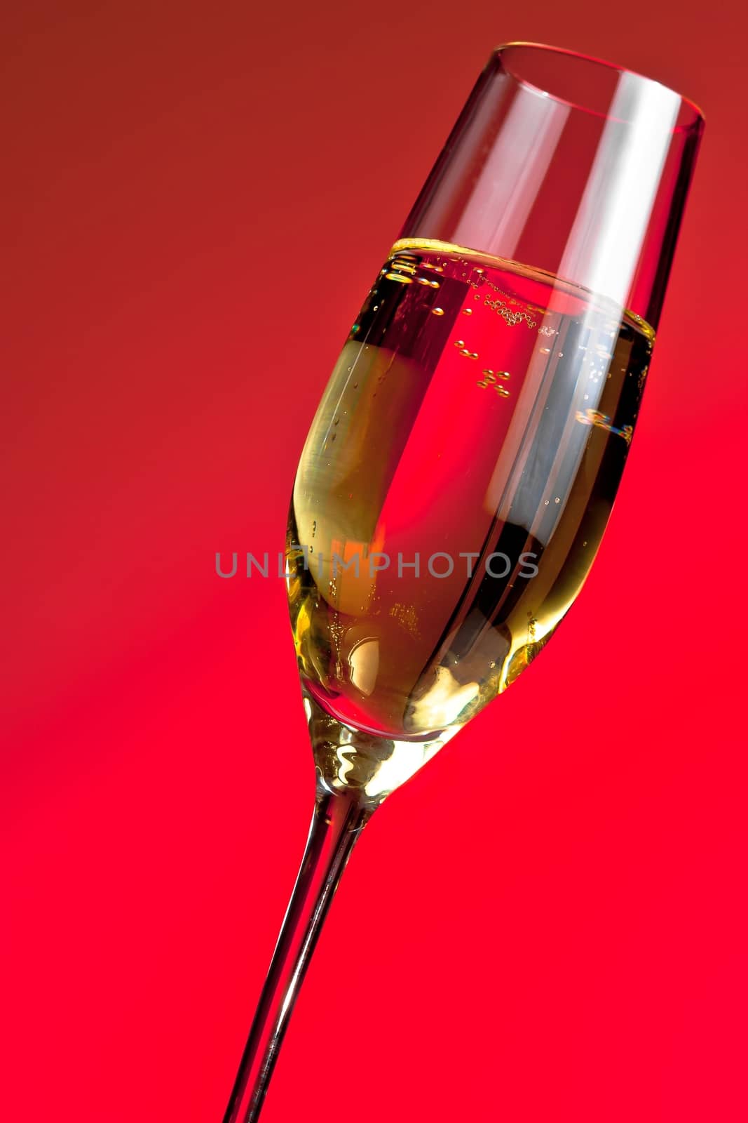 detail of one champagne flute on red light background by donfiore