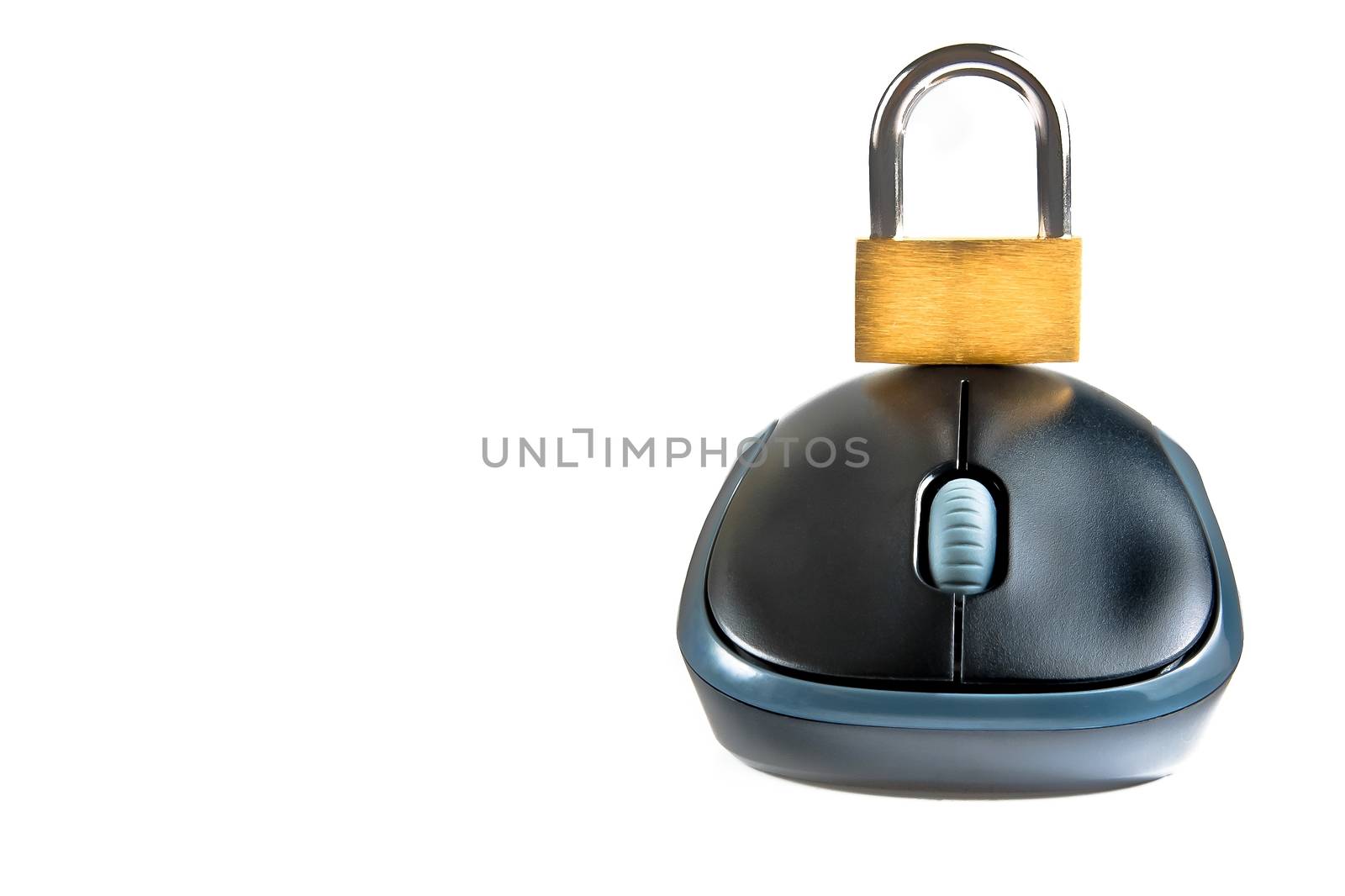 mouse with lock security on top on white background with space for text