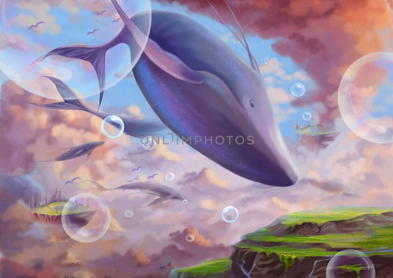 Illustration: A Fantastic Wonderland with flying Lands and Whales. Fantastic Cartoon Style Wallpaper Background Scene Design with Story.