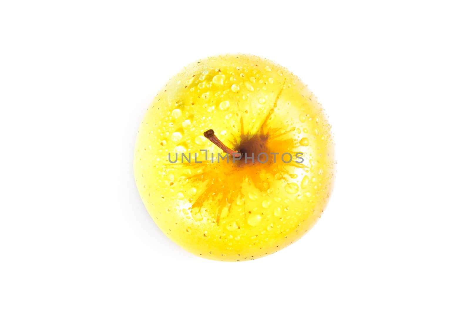 top of view of wet yellow apple with space for text on white background, diet concept 