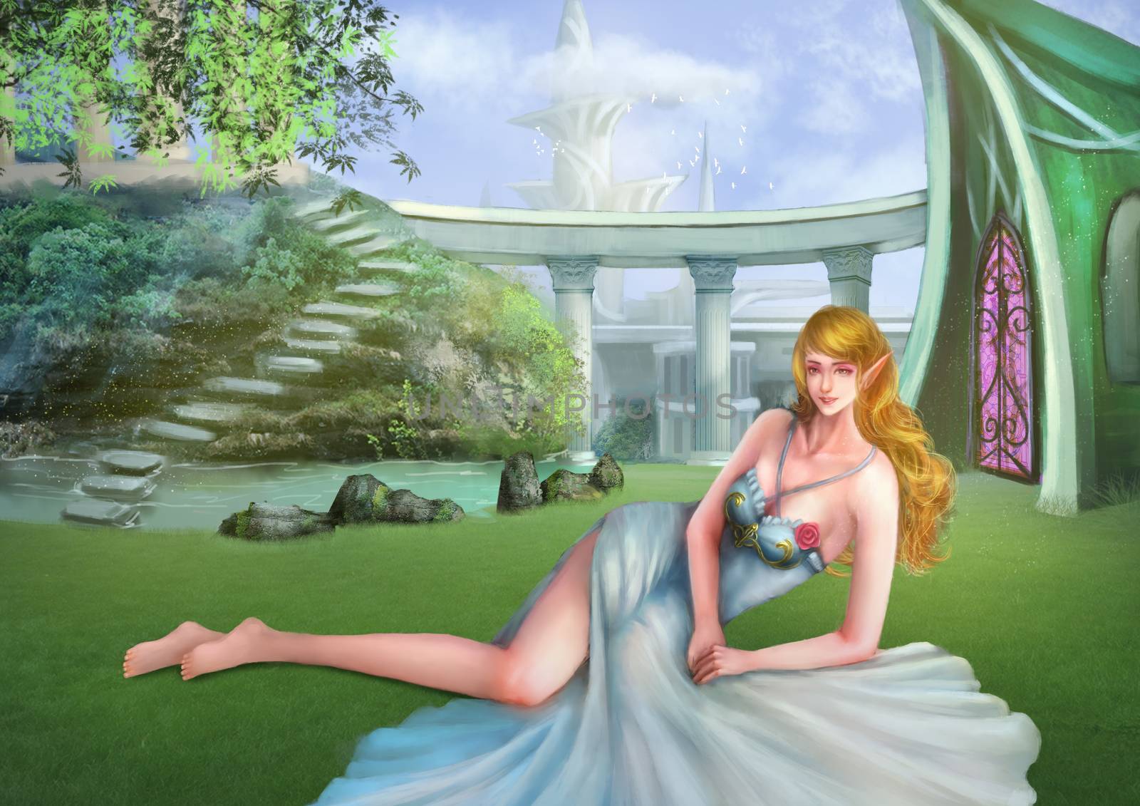 Illustration: The Elf in her Magical Garden. Fantastic Cartoon Style Wallpaper Background Scene Design. by NextMars