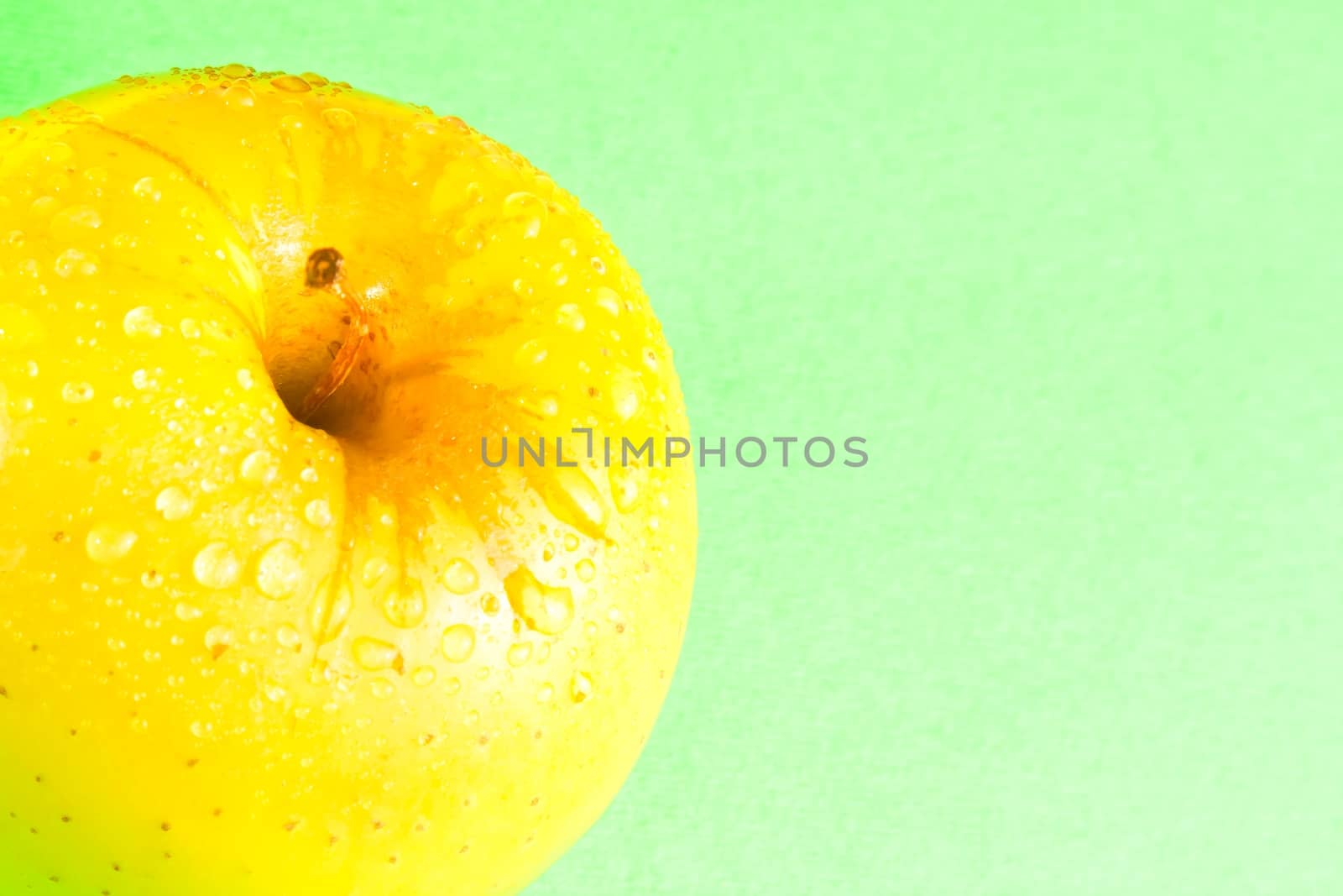 wet yellow delicious apple with space for text on green background