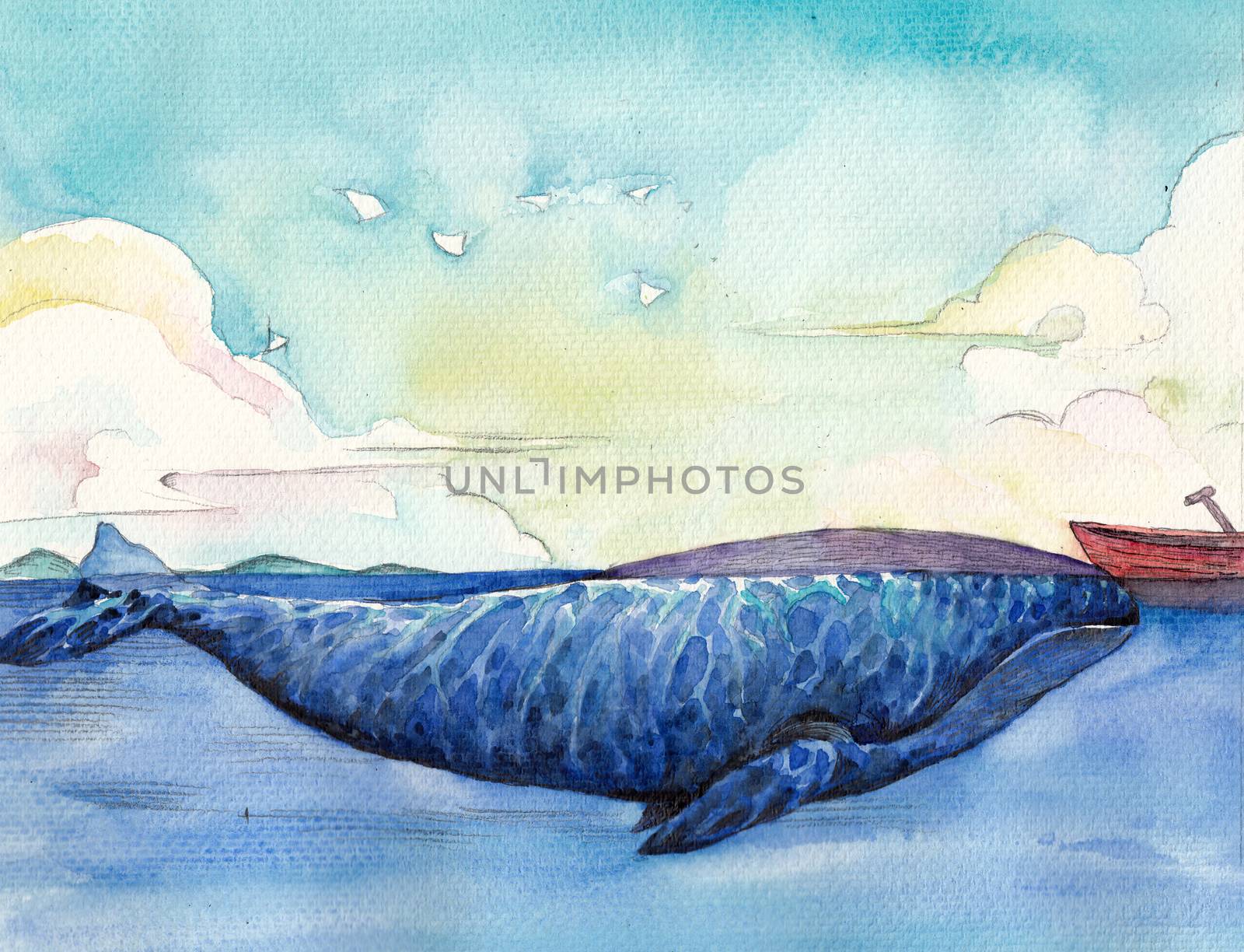 Watercolor High Definition Illustration: The Great Whale. Fantastic Cartoon Style Scene Wallpaper Background Design with Story.