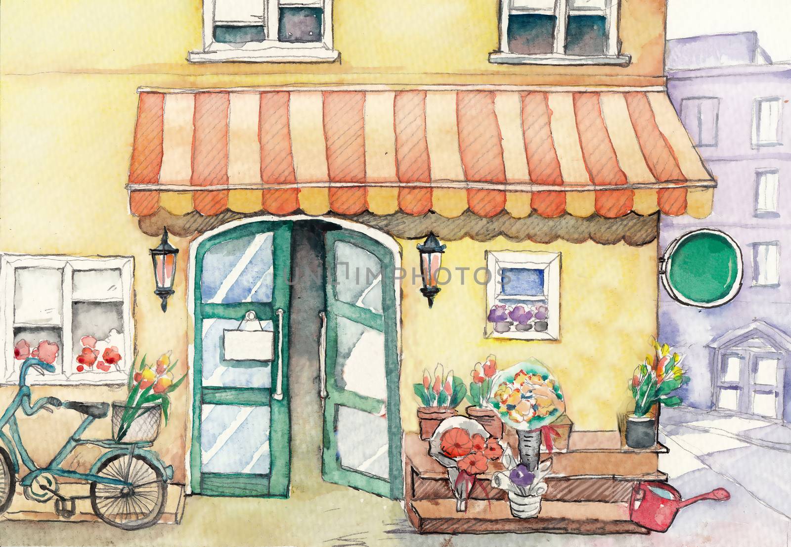 Watercolor High Definition Illustration: Street Flower Shop. Fantastic Cartoon Style Scene Wallpaper Background Design with Story. by NextMars