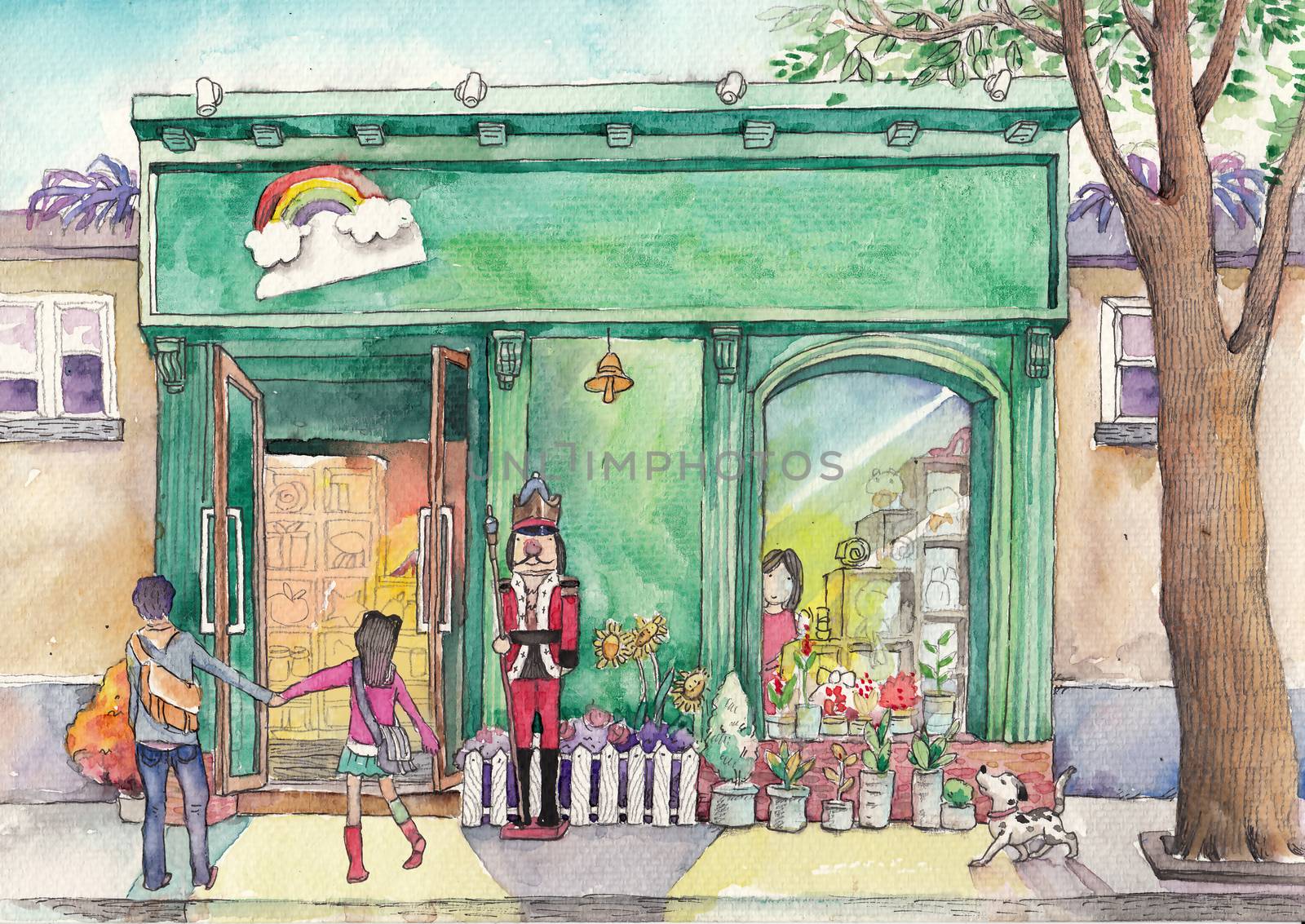 Watercolor High Definition Illustration: "Let's go." "No, Let me take a look." The Young Couple in front of a Street Shop. Fantastic Cartoon Style Scene Wallpaper Background Design with Story. by NextMars