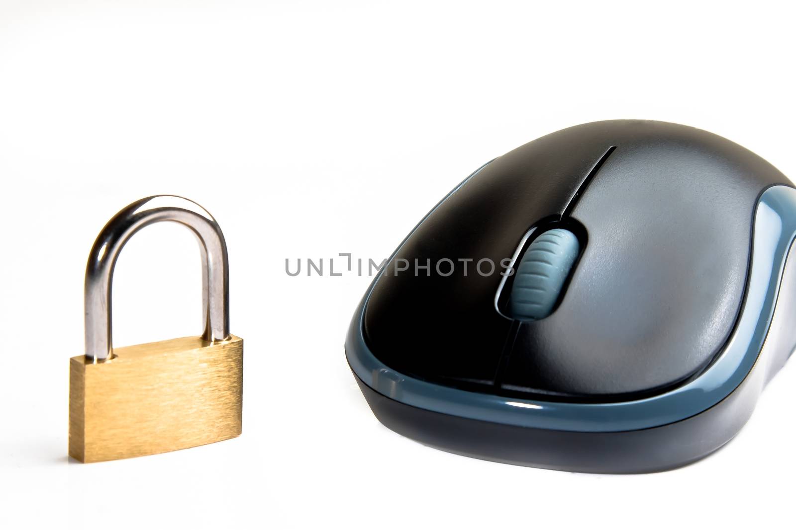 detail of a mouse near a lock on white background with space for text