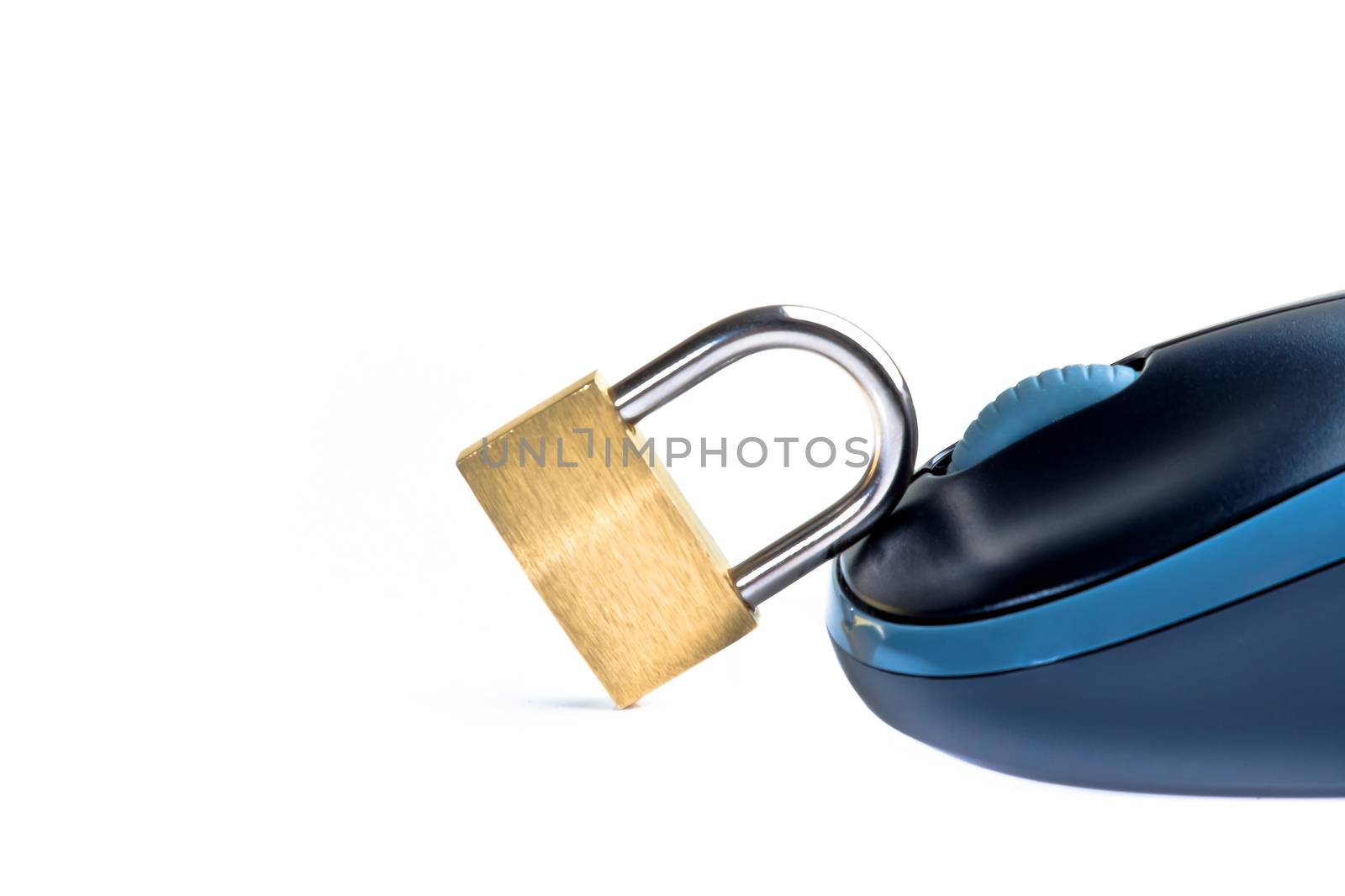 closeup of a mouse near a lock on white background with space for text