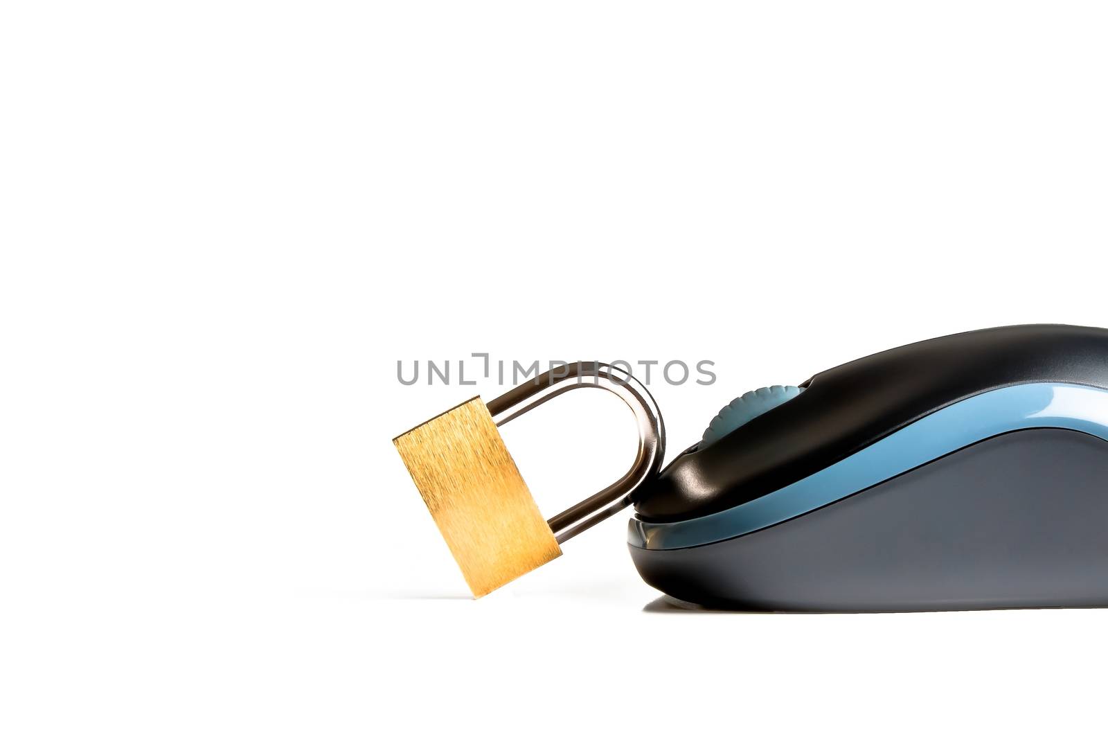 closeup of a mouse near a lock on white background with space for text