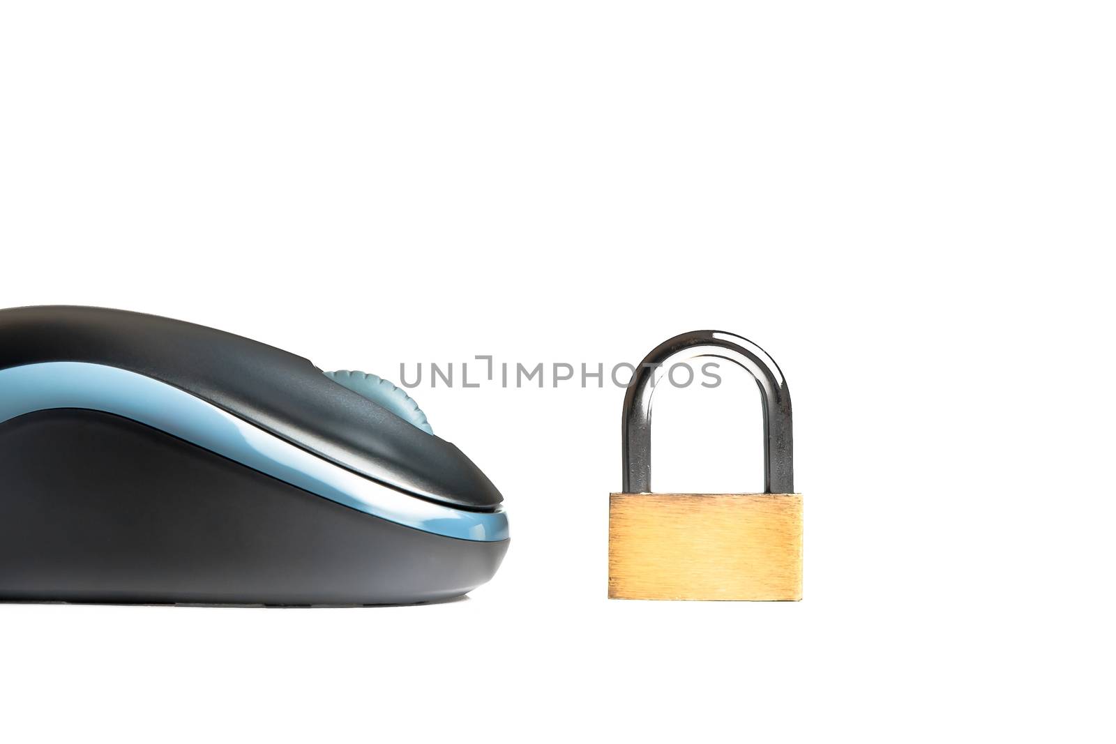 closeup of a mouse near a lock on white background with space for text