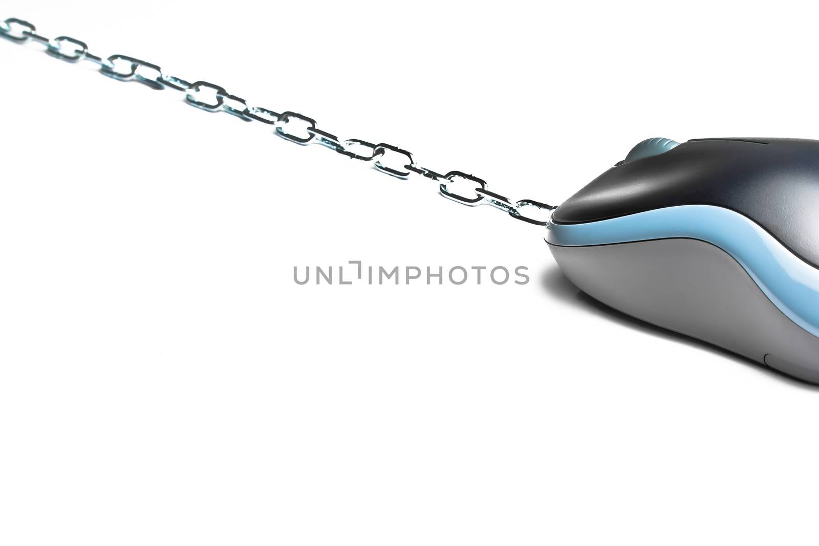 a mouse near a chain on white background with space for text