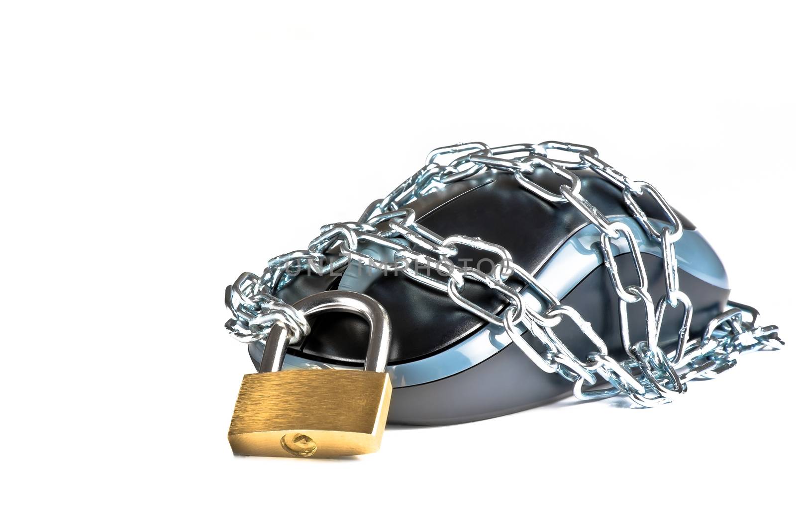 mouse secured by chain and lock on white background with space for text