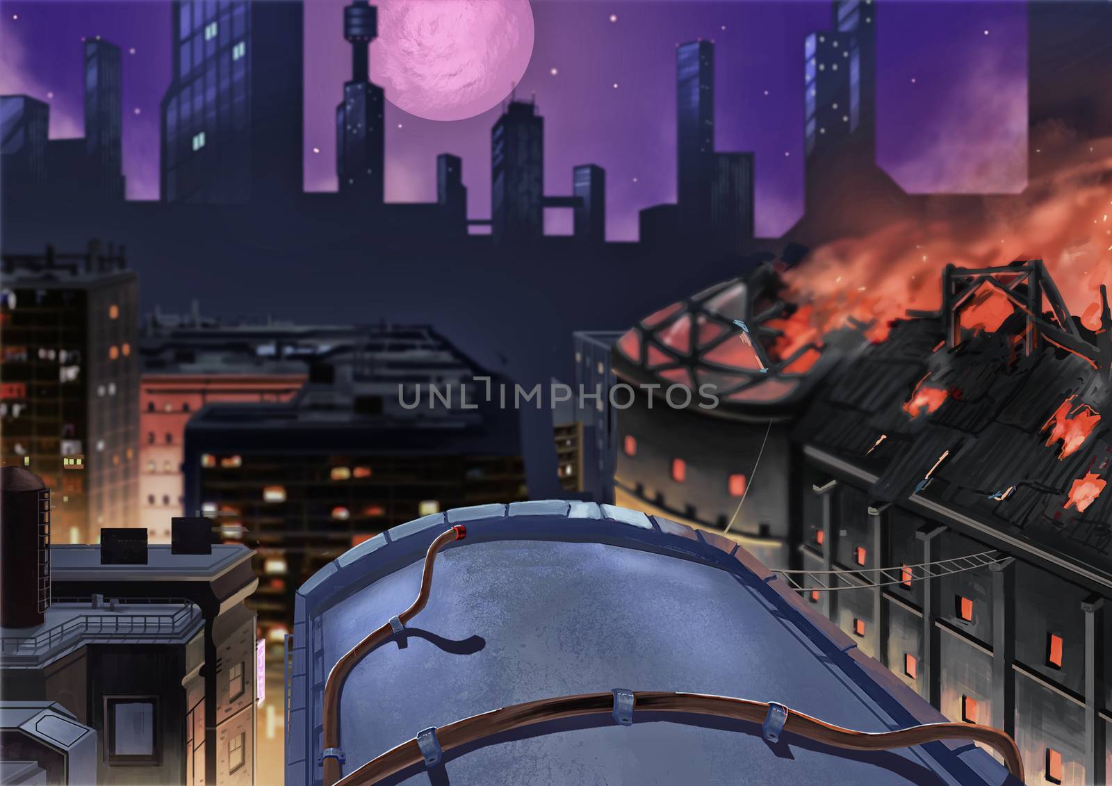Illustration: The City Night. One Building is On Fire. Story with Fantastic Cartoon Style Scene Wallpaper Background Design. by NextMars