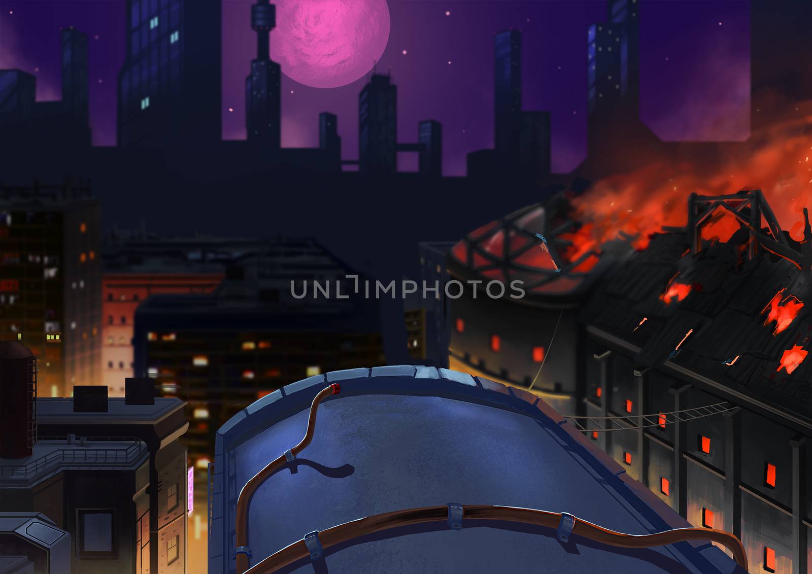 Illustration: The City Night. One Building is On Fire. Story with Fantastic Cartoon Style Scene Wallpaper Background Design.