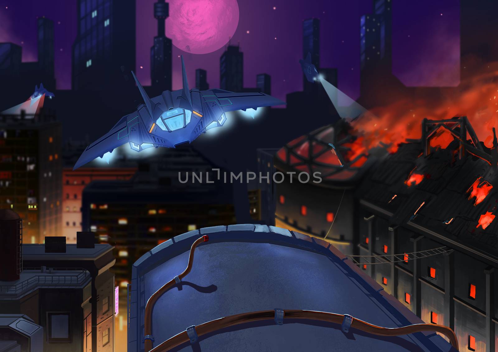 Illustration: The Occupied City On Fire. The Alien's Fighter Airplane goes out on Patrol and Search to Suppress the Rebel Forces. Story with Fantastic Cartoon Style Scene Wallpaper Background Design.