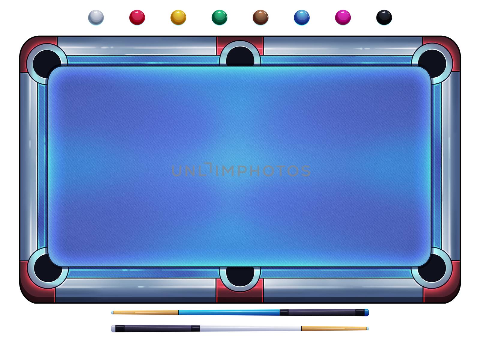 Illustration: Pool Table with Balls and Cue Sticks isolated on White Background. Fantastic Cartoon Style Game Element Design. by NextMars