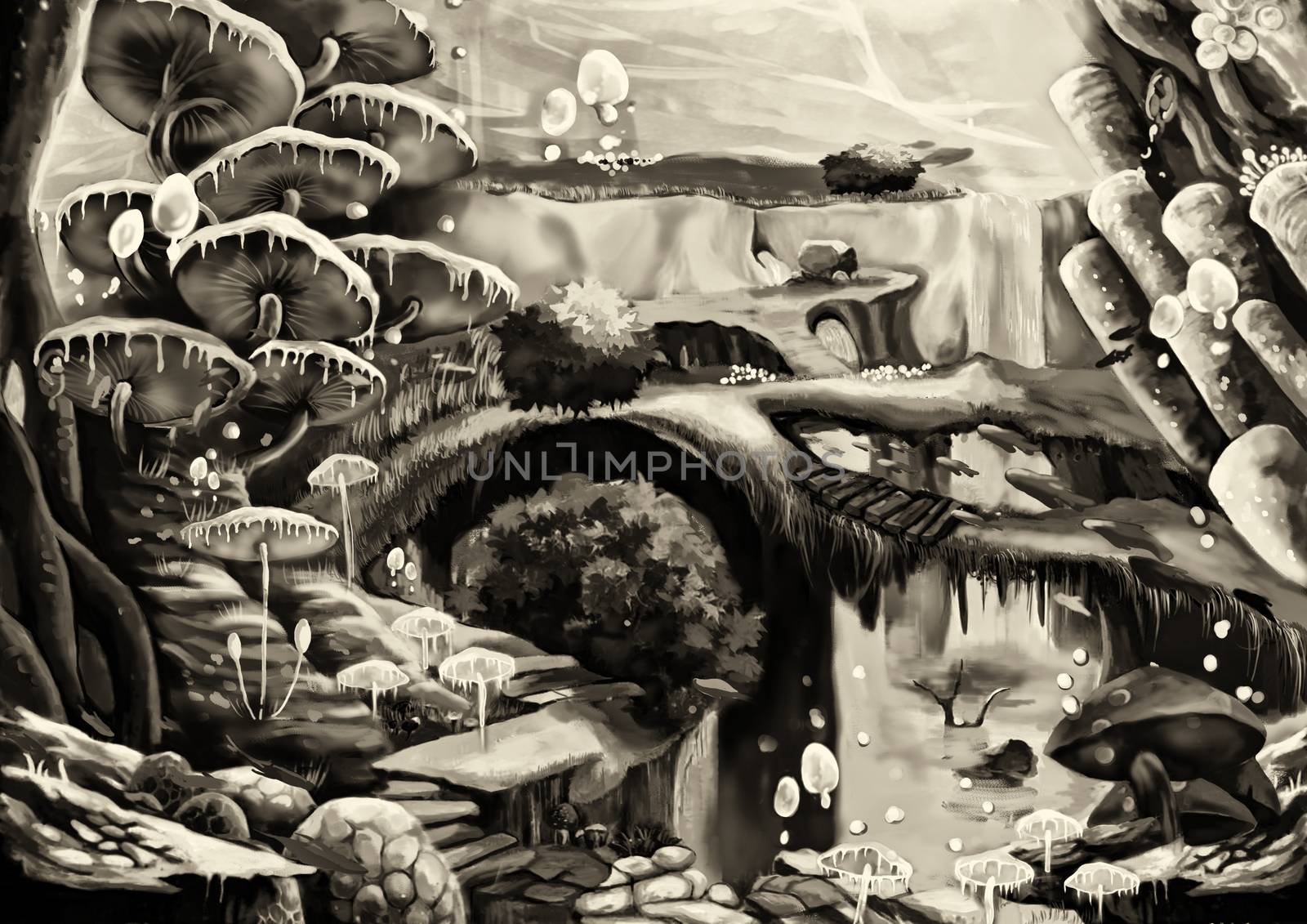 Illustration: Underwater Community Black and White Charcoal Version: Flying Fish; Bridge; Stone Stairs. A Harmonious Community. Story with Fantastic Cartoon Style Scene Wallpaper Background Design.