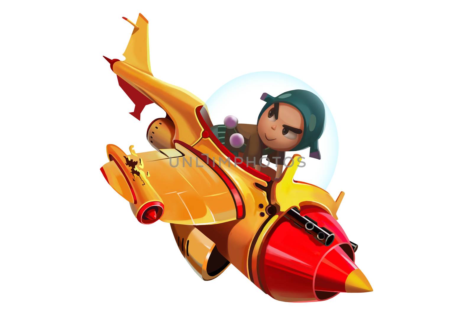 Illustration: The Brave Boy Piloted his Aircraft into more distant destinations in space. Story with Fantastic Cartoon Style Character Design.