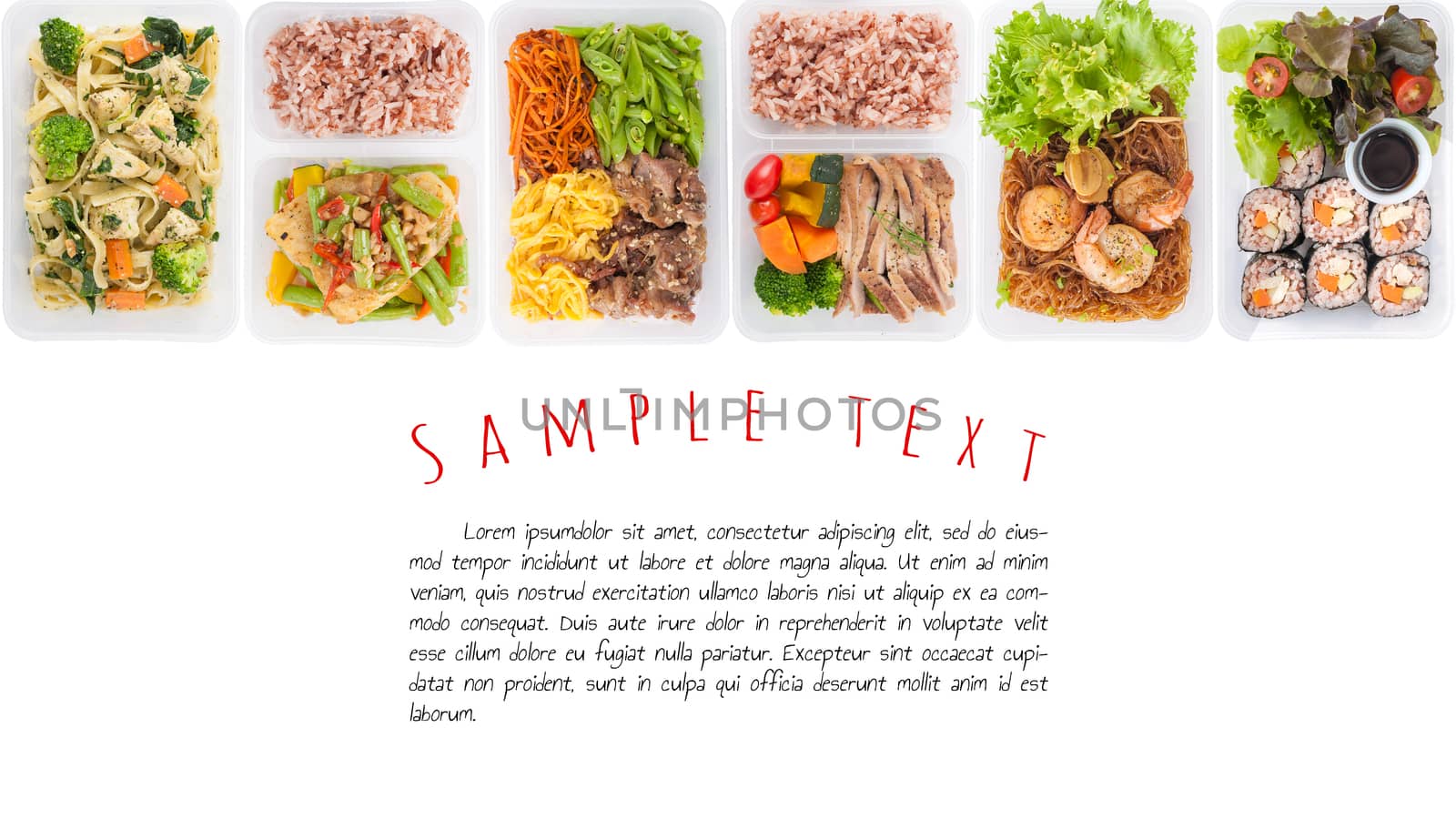 sushi, stir fried fish, fettuccine, roasted pork, grilled pork with eggs, and Shrimp and vermicelli baked with herbs cooked by clean food concept on white background with easy removable sample text
