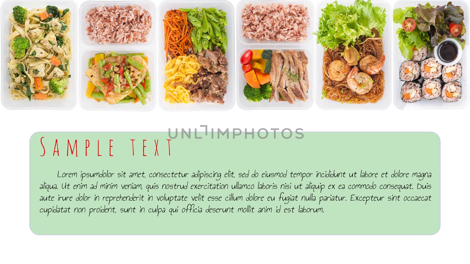 sushi, stir fried fish, fettuccine, roasted pork, grilled pork with eggs, and Shrimp and vermicelli baked with herbs cooked by clean food concept on white background with easy removable sample text