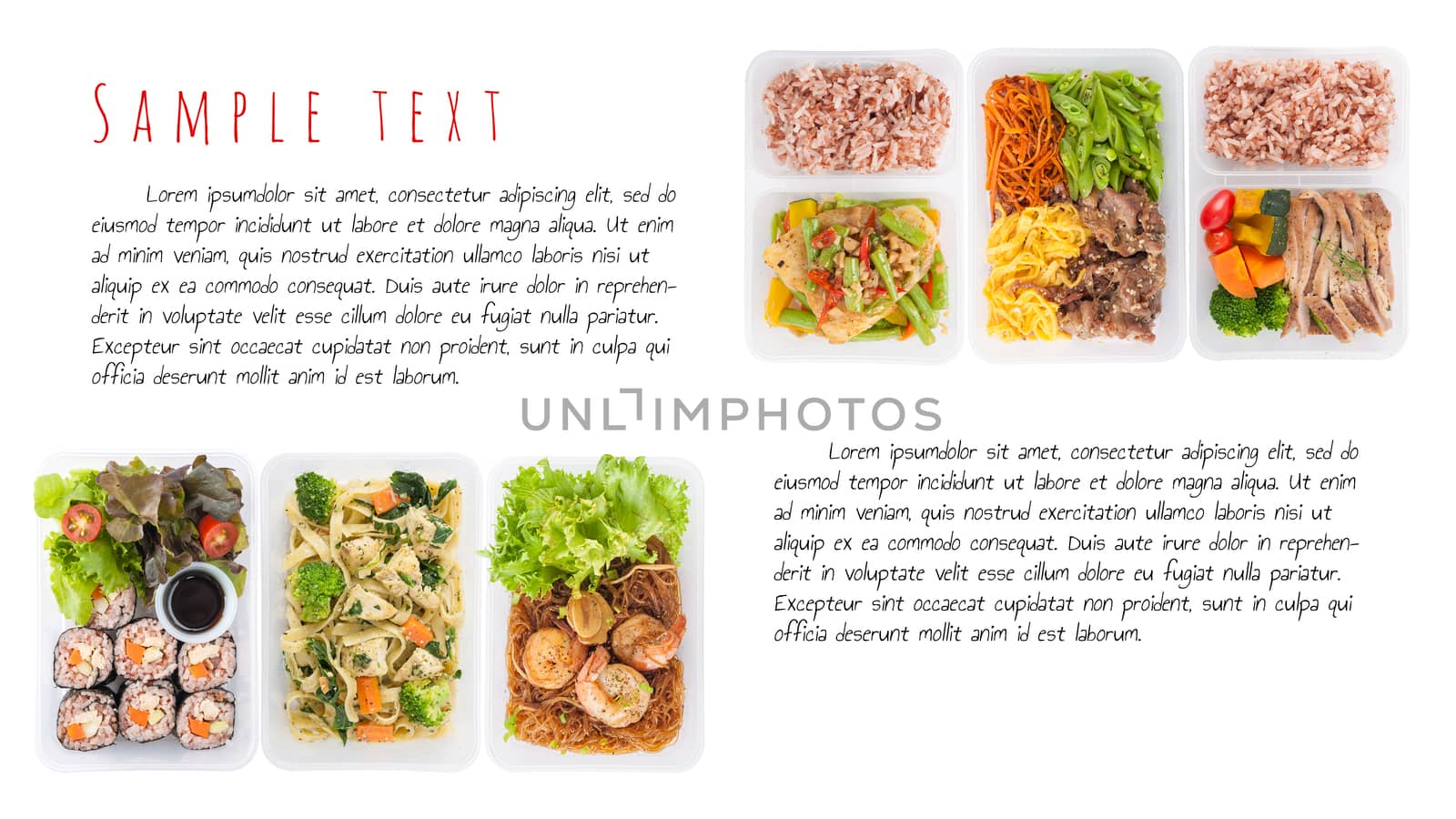sushi, stir fried fish, fettuccine, roasted pork, grilled pork with eggs, and Shrimp and vermicelli baked with herbs cooked by clean food concept on white background with easy removable sample text