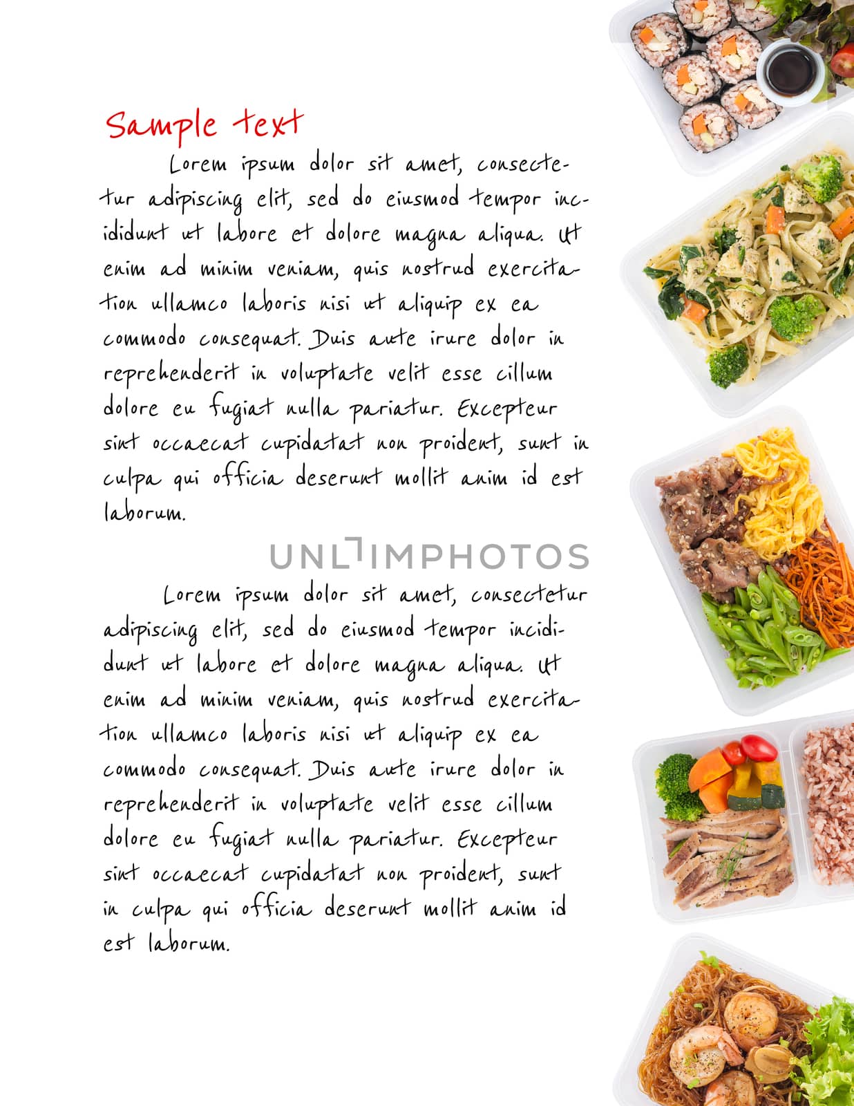 sushi, fettuccine, roasted pork, grilled pork with eggs, and Shrimp and vermicelli baked with herbs cooked by clean food concept on white background with easy removable sample text