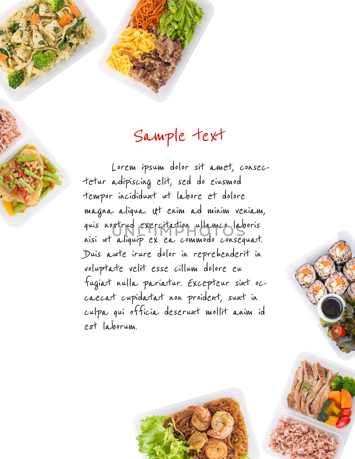 sushi, stir fried fish, fettuccine, roasted pork, grilled pork with eggs, and Shrimp and vermicelli baked with herbs cooked by clean food concept on white background with easy removable sample text