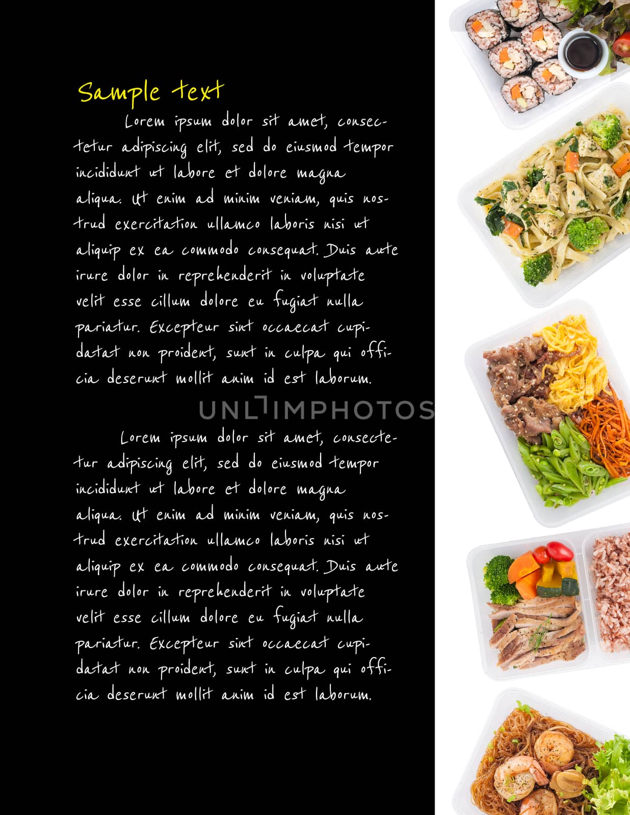 sushi, fettuccine, roasted pork, grilled pork with eggs, and Shrimp and vermicelli baked with herbs cooked by clean food concept with easy removable sample text on black background on left side
