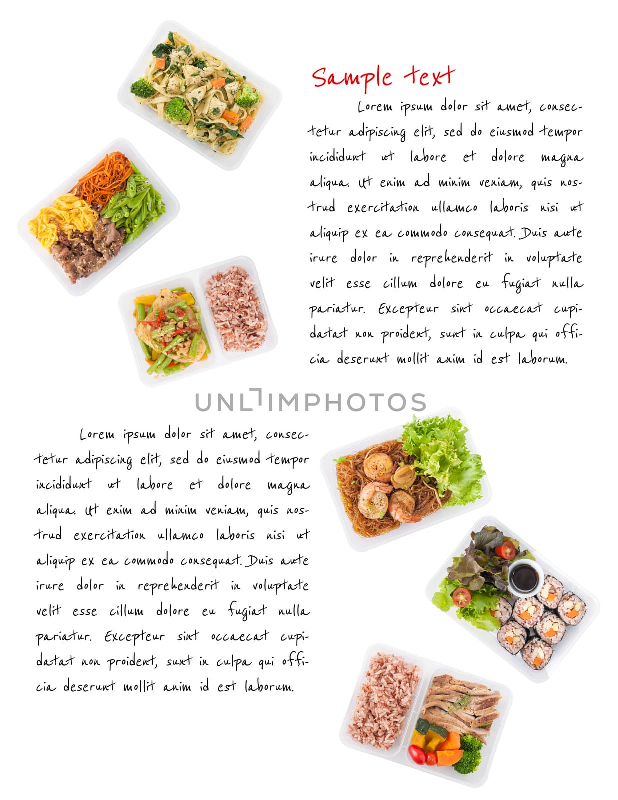 sushi, stir fried fish, fettuccine, roasted pork, grilled pork with eggs, and Shrimp and vermicelli baked with herbs cooked by clean food concept on white background with easy removable sample text