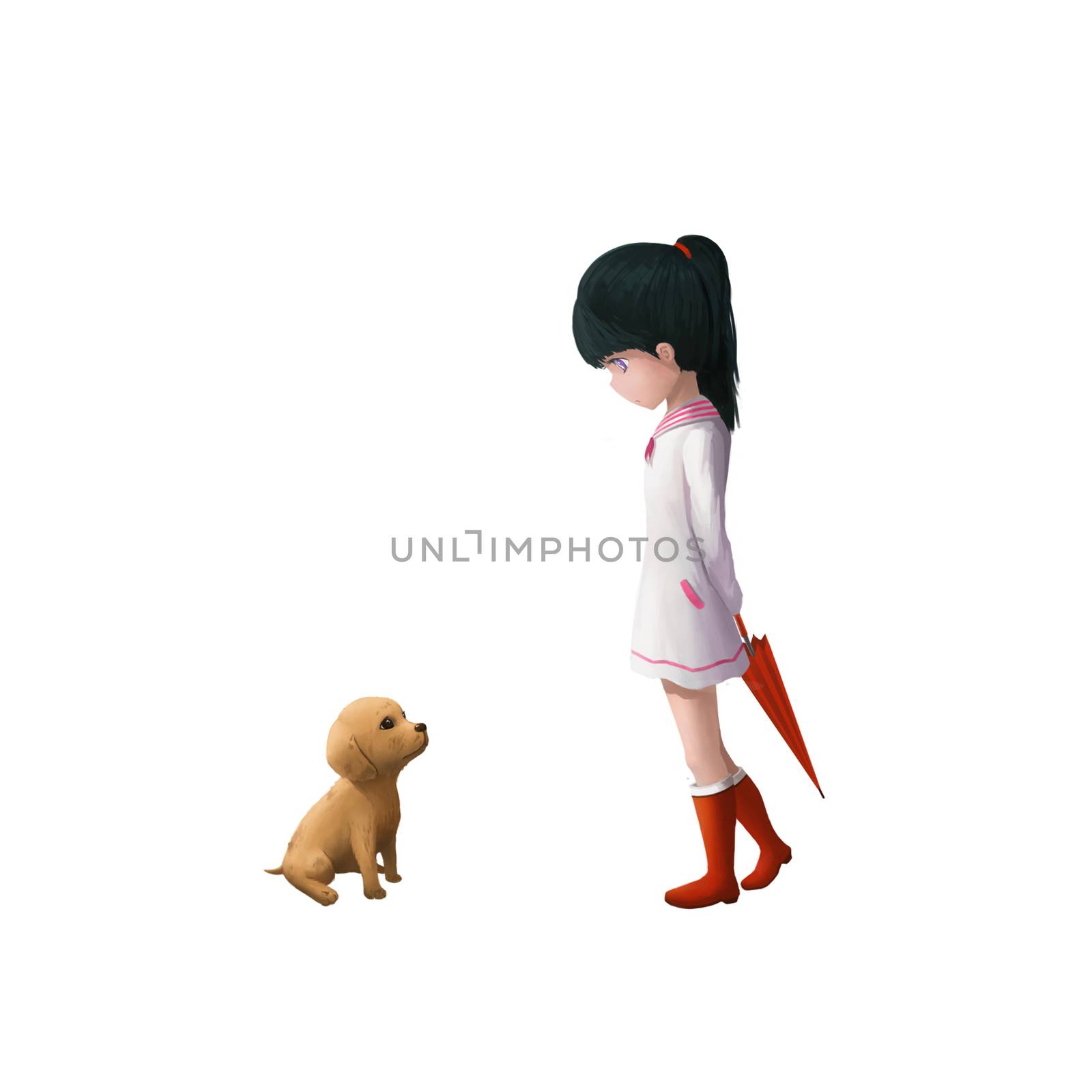 Illustration: Spring: The Girl with Umbrella and Her Dog. Fantastic Cartoon Style Character Design with Story.
