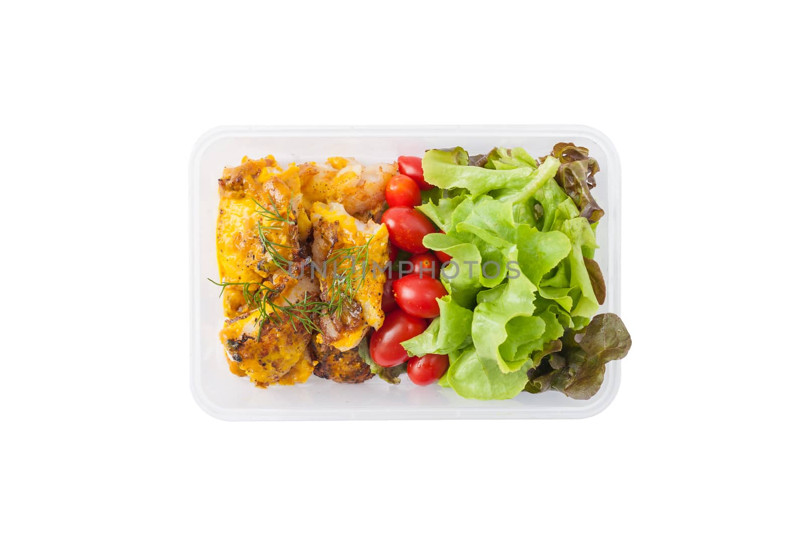 Pangasius fish with mayo mustard sauce cooked by clean food concept and salad in lunch box isolated on white background