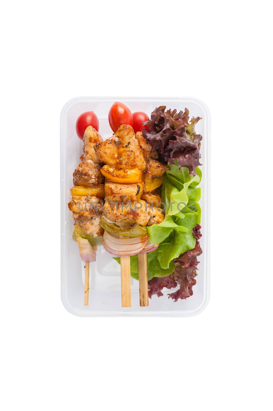 Chicken breast barbecue cooked by clean food concept and vegetables in lunch box isolated on white background