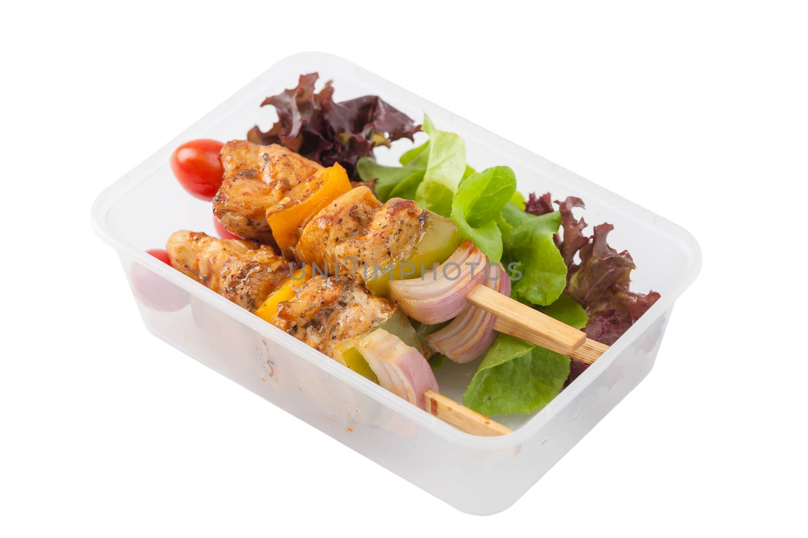 Chicken breast barbecue cooked by clean food concept and vegetables in lunch box isolated on white background