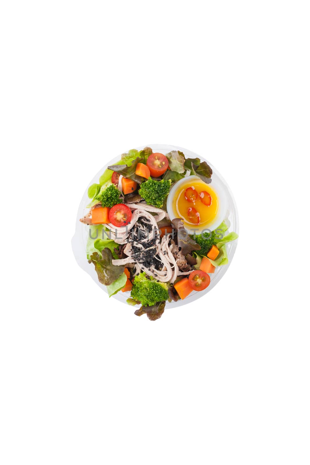 Chicken breast salad with honey thyme sauce cooked by clean food concept in lunch box isolated on white background