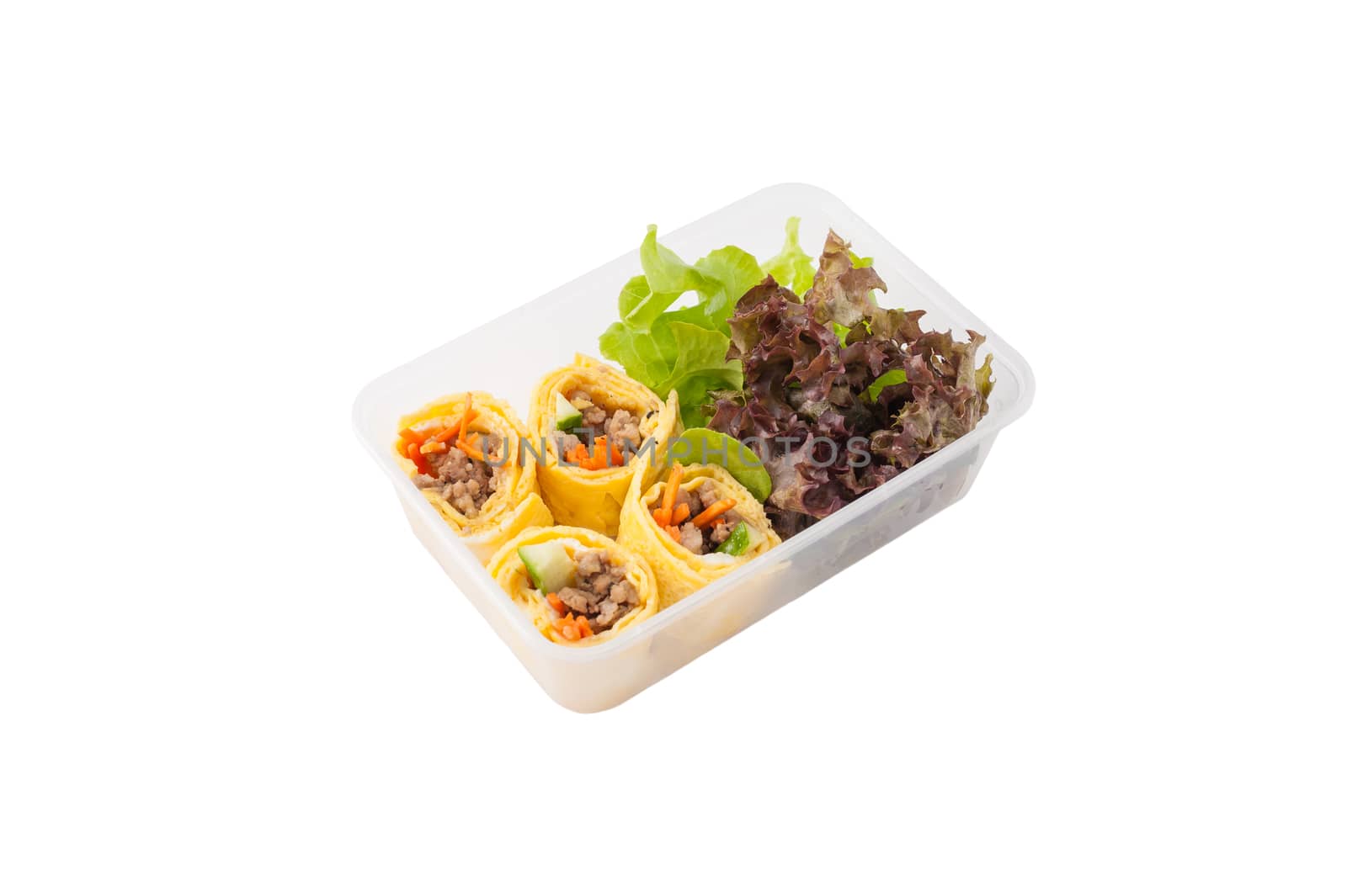 Thai spicy egg rolls (Fresh spring rolls, Kuay Teaw Lui Suan but use egg replace to rice sheet) with tofu, minced pork and vegetables cooked by clean food concept in lunch box isolated on white background