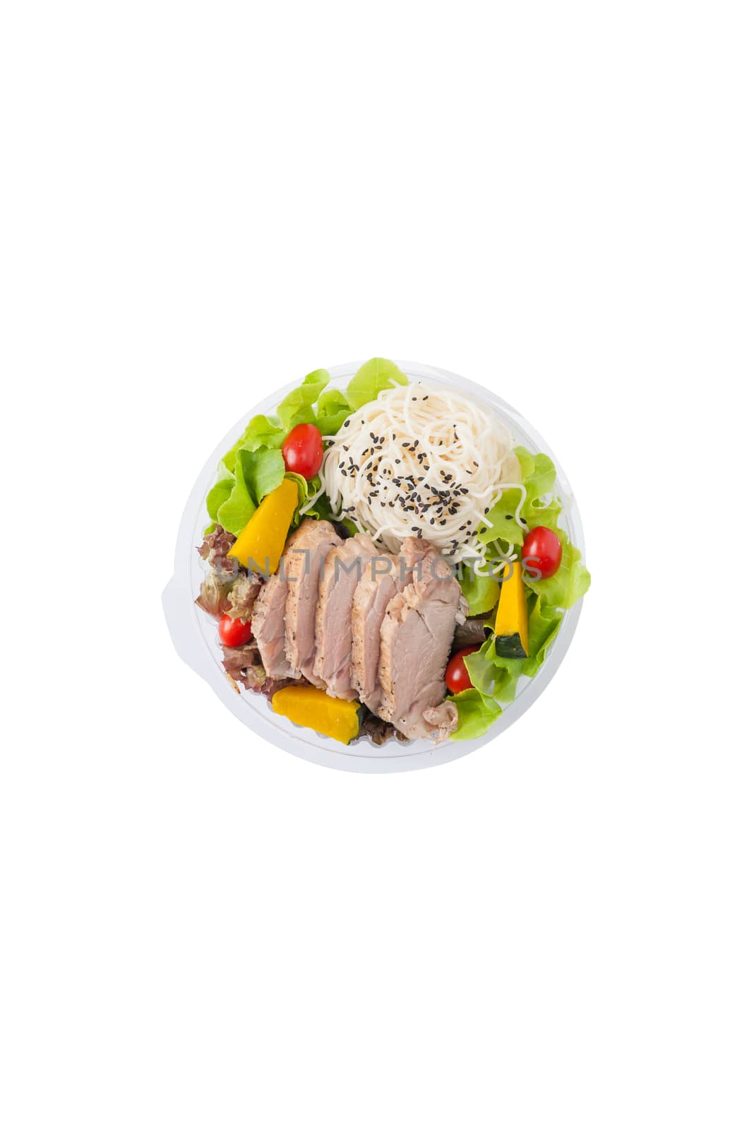 Salad with roasted pork and soba noodles by clean food concept in lunch box isolated on white background