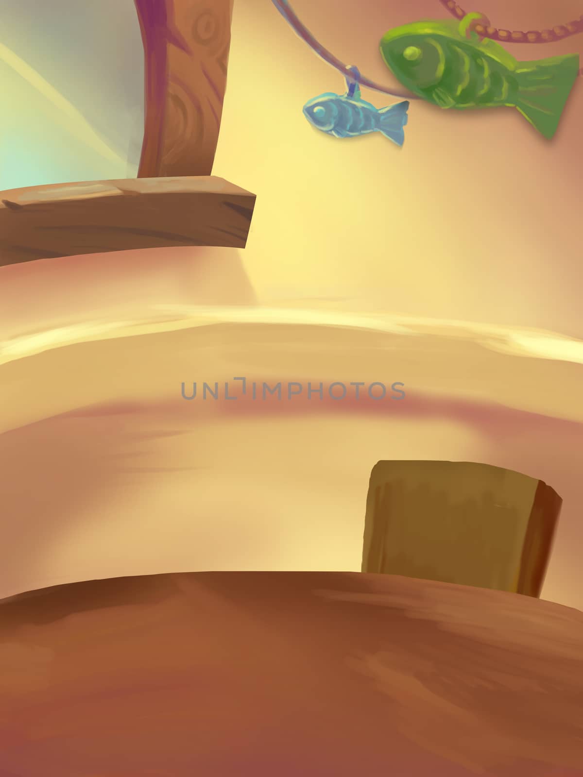 Illustration: Sweet Dinner Room; Tabel with food. Drumstick. Ice cream. Fantastic Cartoon Style Scene Wallpaper Background Design.