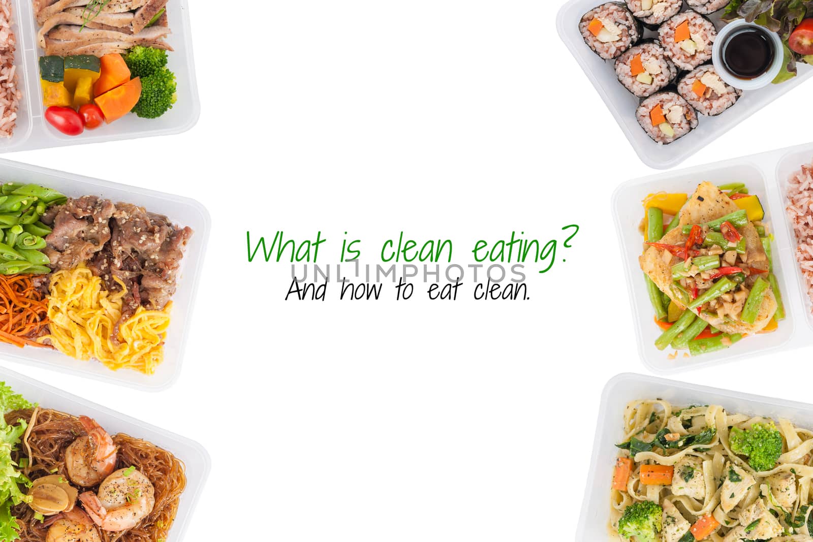 "what is clean food, and how to eat clean" is written on white background with lunch box cooked by clean food concept (easy removable text)