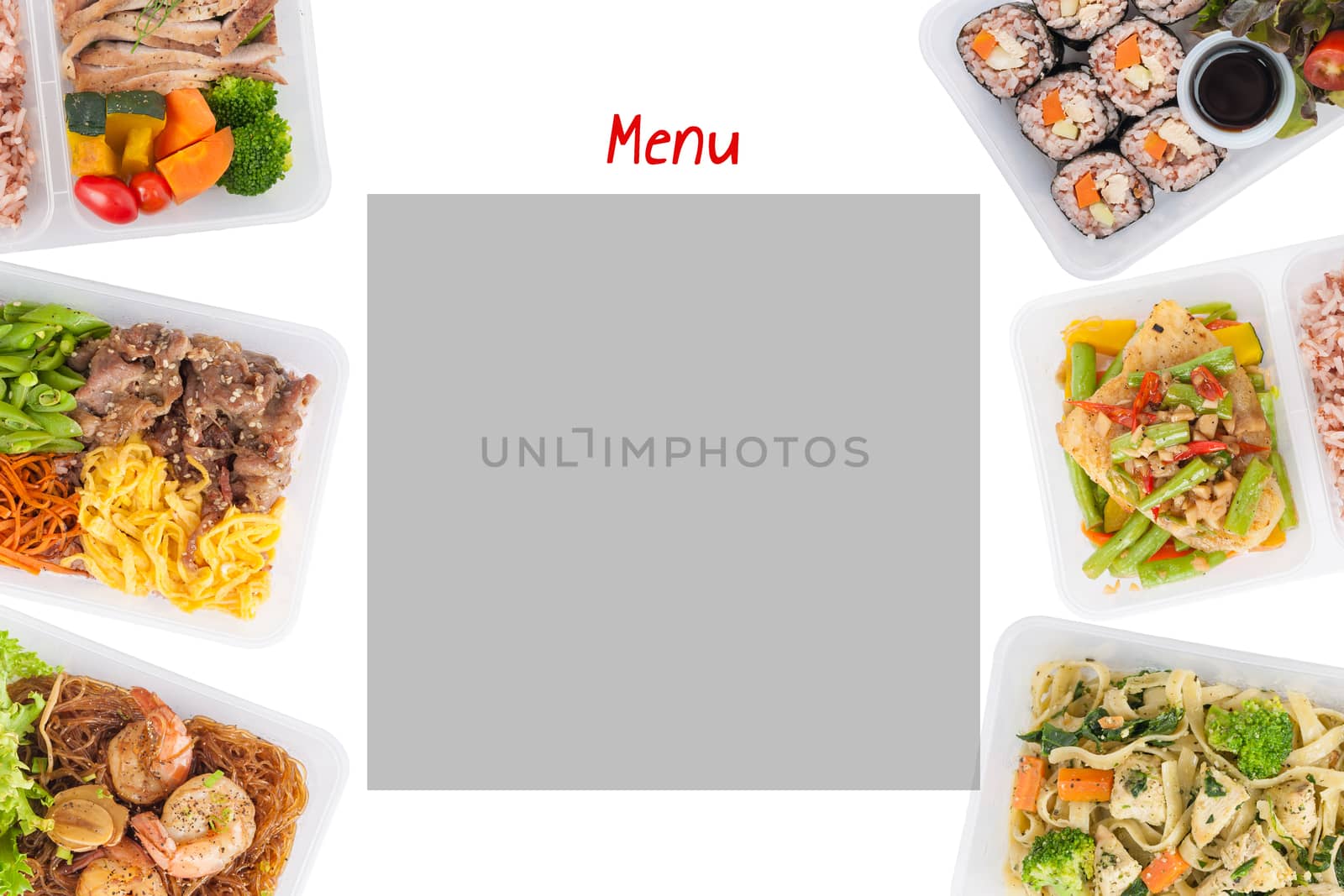 sushi, stir fried fish, fettuccine, roasted pork, grilled pork with eggs, and Shrimp and vermicelli baked with herbs cooked by clean food concept on white background with grey blank area