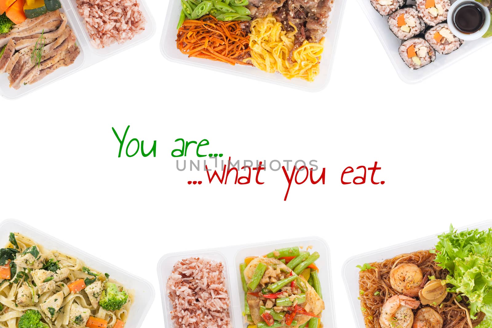 "You are what you eat" is written on white background with lunch box cooked by clean food concept (easy removable text)