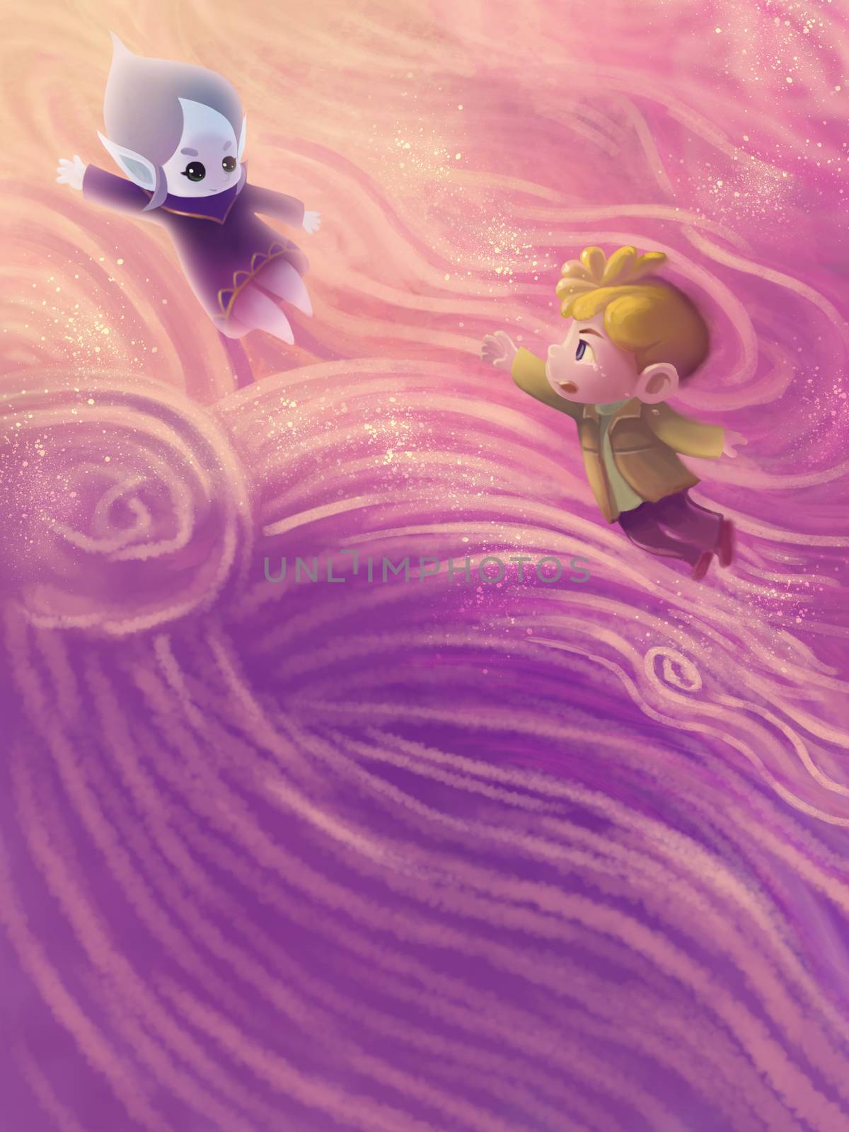 Illustration: The Kid's Dream - Where are you going? Don't leave me alone. Fantastic Cartoon Style Scene Wallpaper Background Design.